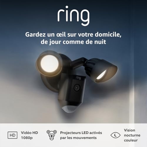 Ring Caméra Floodlight Plus filaire (Floodlight Cam Wired Plus)| Caméra de surveillance extérieure wifi, vidéo HD, projecteurs LED, sirène, fonctionne avec Alexa | Essai Ring Home gratuit 30 j.
