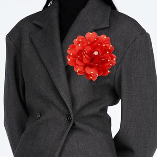 Image of Elegant Large Rose Flower Brooches Lapel Pins Handmade Dainty Satin Fabric Pearl Brooches Big Camellia Flower Brooch Pin for Women Wedding Part Dance Dress Suit Clothes Accessories Prom Jewelry