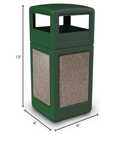 Image of Commercial Zone StoneTec 42 Gallon Square Receptacle with Dome Lid, Forest Green w /Riverstone Panels, 72045499