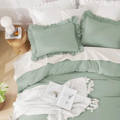 Image of Andency Sage Green Comforter Set Full, 3 Pieces Lightweight Soft Ruffle Bed Comforter, Farmhouse Rustic Fluffy Polyester Down Alternative Bedding Set (79x90Inch Comforter)