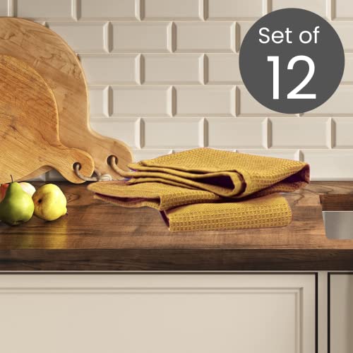 Linen Hub 12 Pack Kitchen Dish Towels 100% Cotton 16X26 Absorbent Durable Washable, Tea Towels, Dish Cloths, Bar Towels, Cleaning Towels, Kitchen Towels With Hanging Loop, Mustard Yellow #TOP1