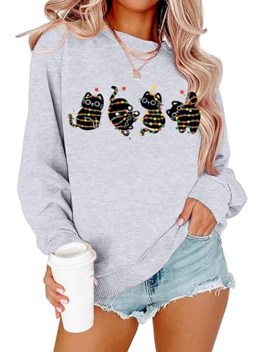 Yarayasa Christmas Cat Sweatshirt for Women Cute Holiday Pullover Black Cats with Xmas Tree Lights Graphic Print Casual Top, P1, S