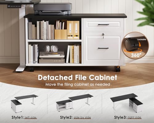 Image of OffiGo 55 Inch L Shaped Electric Standing Desk with Drawers & File Cabinet Sets, Executive Sit Stand Desk, Height Adjustable Computer Desk for Home Office, Writing, Workstation, Black+White