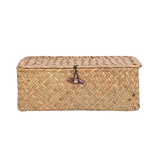 Seagrass Storage Basket, Rectangular Seagrass Basket, Natural Seagrass Storage Basket Woven Rectangular Shelf Basket Bins with Lids Desktop Organizer Wicker Baskets for Organizing(S)