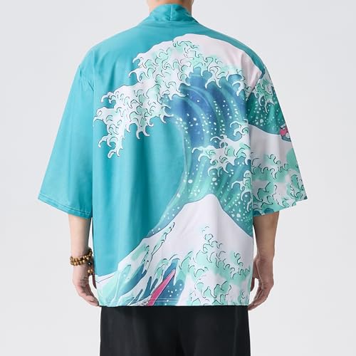 Image of Men's Japanese Kimono Robe Jacket Lightweight 3 /4 Sleeve Open Front Yukata | Silky Smooth Fashion Print Happi Coat Lightweight Breathable Loose Unisex Haori Casual Summer Cardigan Daily Beach Vacation