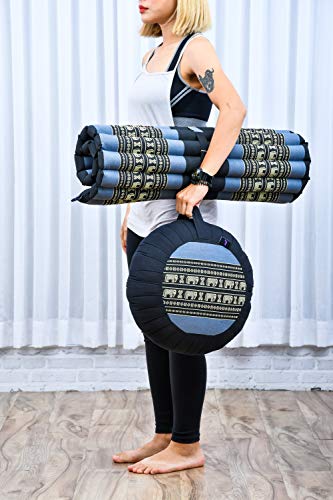 Image of Leewadee Meditation Cushion Set - 1 Round Zafu Meditation Pillow and 1 Square Roll-Up Zabuton Meditation Mat, Pillows Bundle Filled with Kapok
