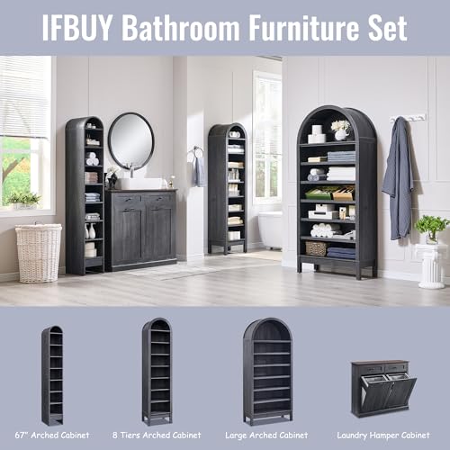 Image of IFBUY 67 inch Tall Arched Bathroom Storage Cabinet, 8-Tier Modern Farmhouse Storage Cabinet with Adjustable Shelves, Wood Freestanding Cabinet for Bathroom, Living Room, Entryway, Hallway (Dark Grey)