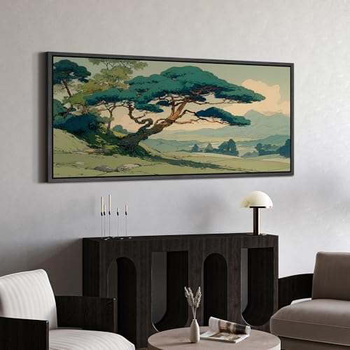 Image of MUDECOR Extra Large Framed Canvas Print Wall Art Vintage Japanese Pine Tree Landscape Oriental Antique Retro Ready to Hang Painting for Living Room Bedroom Multi-Sizes - 60 inchx30 inch