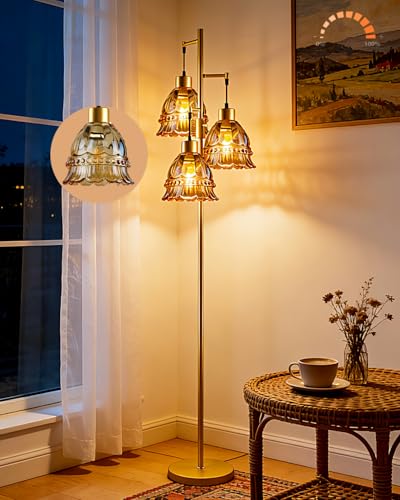 Image of Lightdot 3-Lights Glass Floor Lamp Dimmable Gold Floor Lamps with Brown Glass Shade 3000K Bulbs Included Unique Modern Standing Tall Lamp with 5Lbs Heavy Base for Living Room /Bedroom /Sofa Beside