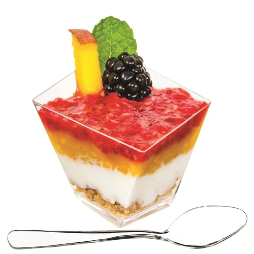 DLux 50 x 2 oz Mini Dessert Cups with Spoons, Asymmetrical - Clear Plastic Parfait Appetizer Cup - Small Reusable Serving Bowl for Tasting Party Desserts Appetizers - With Recipe Ebook