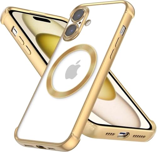 Kaywzo Funda para iPhone 16,Transparente Galvanizada TPU Carcasa Compatible con Magsafe,Protección Refuerzo de Cuatro Esquinas,Ultra Delgado Case Cover,Oro