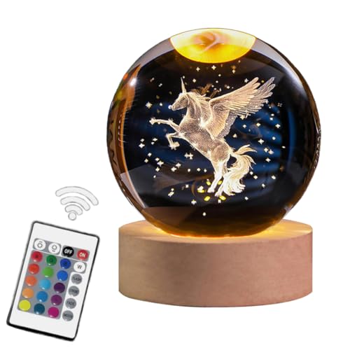 Lampe sphère en verre licorne 3D et veilleuse LED multicolore avec télécommande