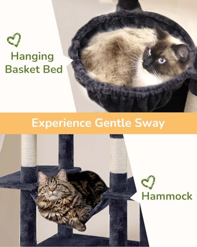 Image of Globlazer Heavy Duty Cat Tree Tower 80in Tall Extra Large Cat Tree Tower for Multiple Indoor Cats Large Adult with Scratching Posts, 2 Spacious Condos, Padded Perches, Soft Hammock, S80B, Dark Grey