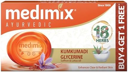 Medimix Ayurvedic Kumkumadi Bathing Soap Bar With Saffron|Kesar|For Moisturising & Radiant Glow|Herbal|Natural|Paraben-Free & Sulphate-Free|100% Vegan|125Gm(Buy 4 & Get 1 Extra Combo Pack)