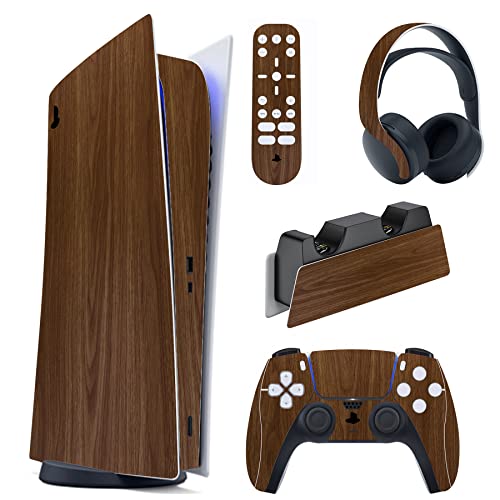 Image of PlayVital Wood Grain Full Set Skin Decal for ps5 Console Digital Edition, Sticker Vinyl Decal Cover for ps5 Controller & Charging Station & Headset & Media Remote