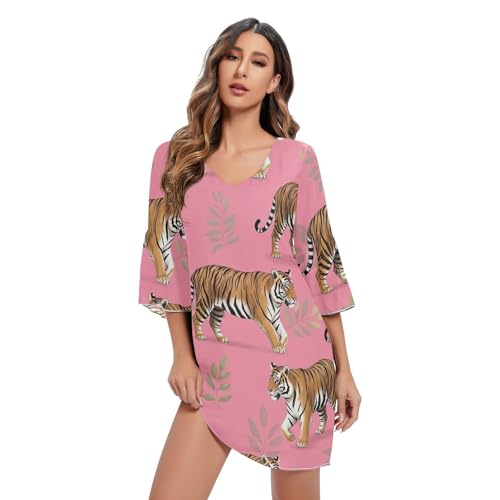 Robe d'été décontractée col V imprimé tigre fluide légère