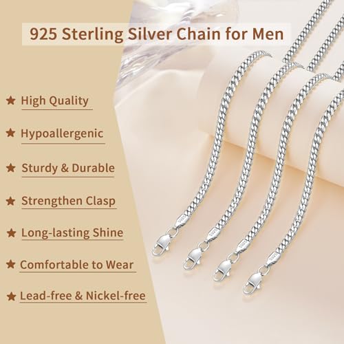 Solid 18K Over 925 Sterling Silver Chain for Men Women, 4mm Cuban Link Necklace, Hip-Hop & Cool Style, 16-26 Inch2