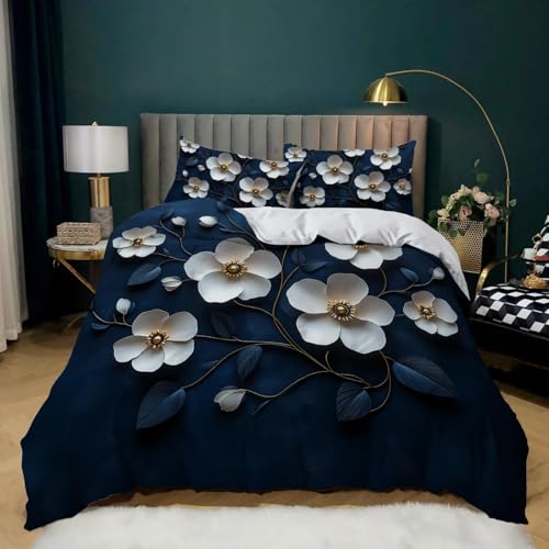 Parure de lit à fleurs bleu marine linge de lit 160x200 3 pièces