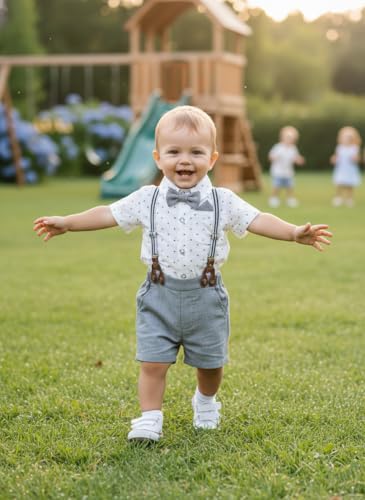 Image of Volunboy Baby Boy Formal Short Set Toddler Summer Gentleman Outfit Kid Short Sleeve Bowtie Shirt Suspender Shorts Suit