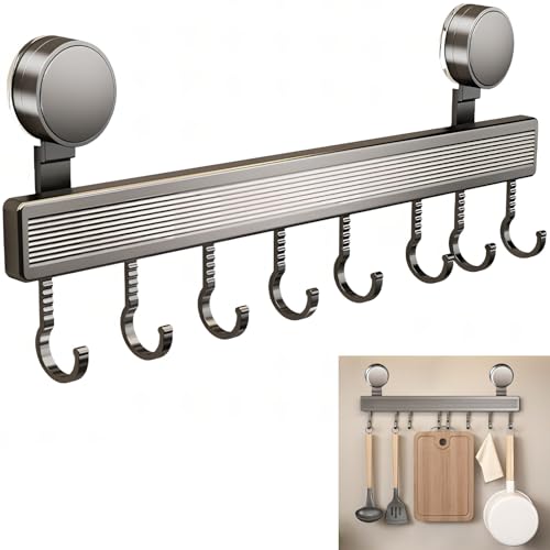 RWSRW Barre Ustensiles Sans Perçage 8 Crochets Porte ustensiles mural 40cm Ventouse Amovible pour Cuisine Salle de Bain Aluminium Spatial ABS Inrayable Multi-Surfaces Carrelage Verre Métal