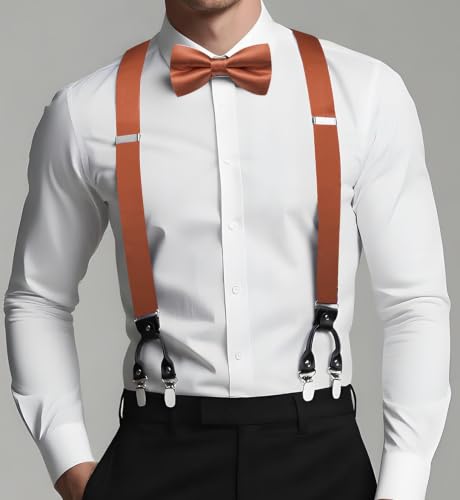 Image of Dubulle Suspender and Bow Tie for Men Paisley Solid Mens Suit Braces Pretied Bowtie and Handkerchief Cufflinks Formal Wedding