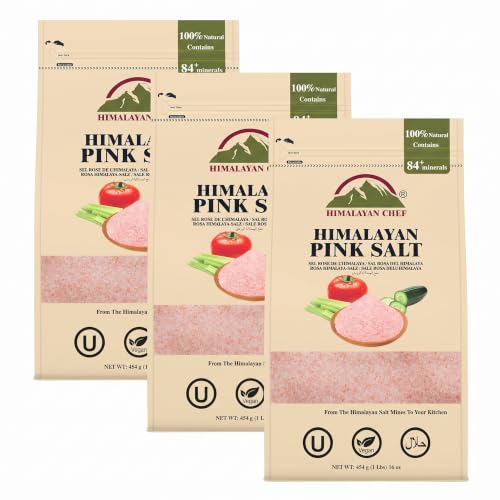 Himalayan Chef Pink Himalayan Salt Fine Grain, 1 lb Bag - Pure, Natural, Kosher, Non-GMO, Mineral-Rich, for Cooking, Seasoning, Baking, Table Use, (Pack of 3)