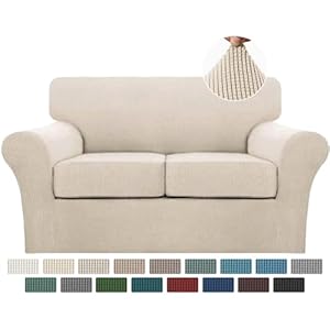 Turquoize 3 Piece Sofa Covers for 2 Cushion Couch Sofa Slipcover Soft Cover for Dogs Washable Furniture Covers with 2 Individual Cushion Covers Feature Jacquard FabricLoveseat Biscotti Beige