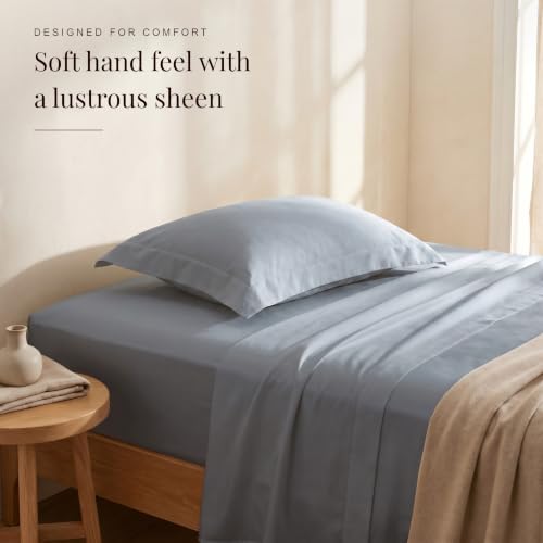 Image of HUESLAND Premium 300 TC Pure Cotton Sateen Weave Single Bed Bedsheet with 2 Pillow Covers Included | Greyish Blue | 88 x 55 inches
