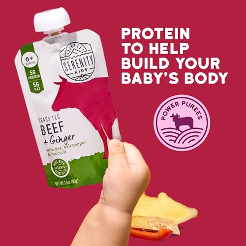 Image of Serenity Kids Baby Food Pouches, Beef & Ginger, Baby Puree, 3.5 Oz, 6 Pack | 5g Protein, No Added Sugar, Grass Fed Beef, Recyclable Baby Pouches, GMO-Free Toddler Food, Organic Baby Food, Toddler Snacks