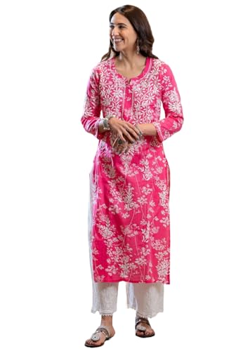 GoSriKi Womens Cotton Blend Straight Fit Chikankari Embroidered Kurta