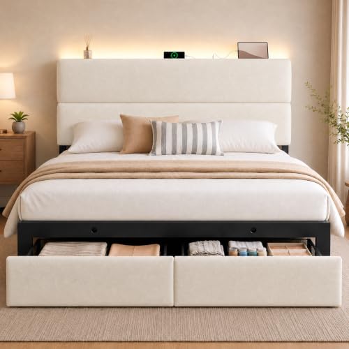 Image of Queen Bed Frame with 2 Storage Drawers, Light Beige Velvet Upholstered | Platform Bed with Charging Station, LED Headboard Lighting, Metal Support, Noise Free, No Box Spring Needed, Easy Assembly