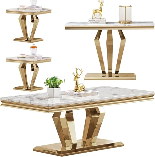 4 Piece Coffee Tables Set, Marble Living Room Table Set of 4, Modern Console Table & Coffee Table and 2 End Tables Set for Living Room, White Faux Marble Top with Gold Diamond-Shape Steel Base
