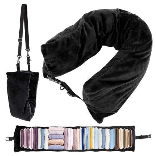 NQEUEPN Stuffable Travel Neck Pillow With Clothes Storage Bag - Adjustable U-Shaped Plush Case Cover for 3-5 Days Travel Essentials