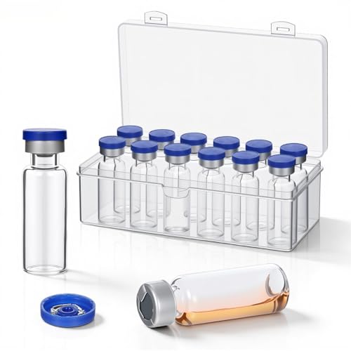 Gsbnjuy 12 Pcs Glass Empty Vials 5ml Sealed Vials with Self Healing Injection Port and Plastic Aluminum Flip Caps Transparent Glass Vial Liquid Sample Storage Vial with Caps