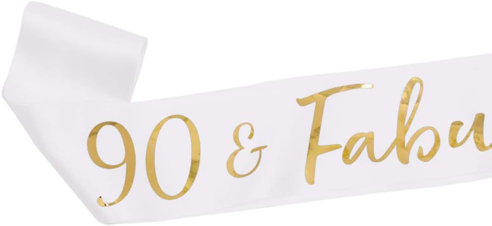 90 and Fabulous Satin Sash - 90th Birthday Sash 90 Birthday Gifts Party Favors, Supplies and Decorations (White)