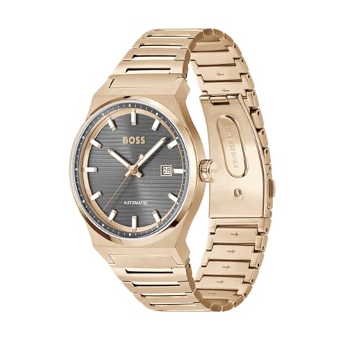 Image of BOSS Candor Auto Mech-Automatic Grey Round Dial Men's Watch|Ionic Plated Rose Gold Steel Material|Rose Gold Color Band - 1514185