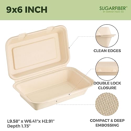 Harvest Pack Gourmet Showcase [50 Count] Sugarfiber 9X6 Compostable Rectangular Hinged Container, Single Compartment Clamshell Takeout Box, Made From Eco-Friendly Plant Fibers #TOP1