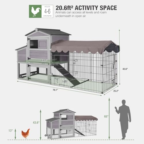 Image of Mobile Chicken Coop with Run, Large Outdoor Wooden Poultry Cage Hen House with Wheels, Nesting Box, Pull-Out Tray, Waterproof Roof, Grey, 79.1 inch L x 25.2 inch W x 43.6 inch H, for 4-6 Chickens