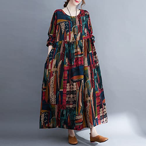 Moniss Vestido feminino solto com estampa de bolsos manga longa e gola O