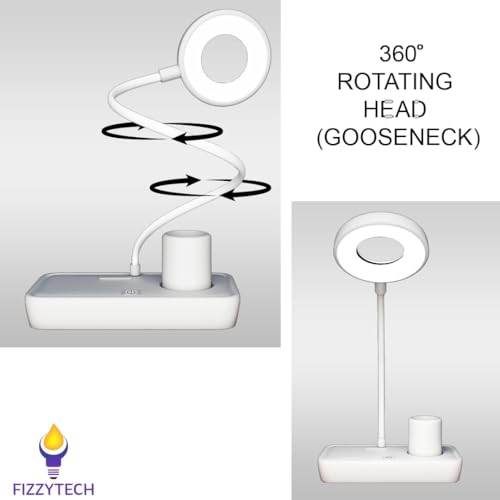 Image of fizzytech Rechargeable LED Table Lamp for Study Desk - 360 Flexible Desk Light with Pen Holder & Phone Stand, Touch Control Lamp for Students, Reading, Study & Office Use (White)