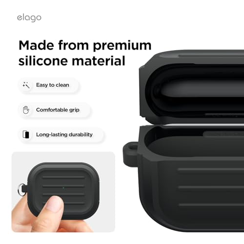 Image of elago Armor Case Compatible with AirPods Pro 3 Case - Carabiner Included, Supports Wireless Charging, Shock Resistant, Full Protection (Black)