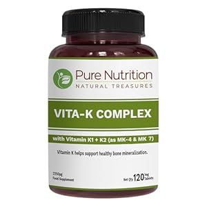 Pure Nutrition Vitamin K Complex K1 + K2 | 2250 mcg | 120 Tab | Full Spectrum K Vitamin Supplement with K1 1000mcg, K2 as MK4 1000mcg + K2 as MK7 250 mcg | Non GMO | Gluten Free