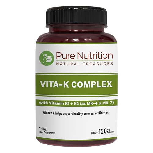 Pure Nutrition Vitamin K Complex K1 + K2 | 2250 mcg | 120 Tab | Full Spectrum K Vitamin Supplement with K1 1000mcg, K2 as MK4 1000mcg + K2 as MK7 250 mcg | Non GMO | Gluten Free