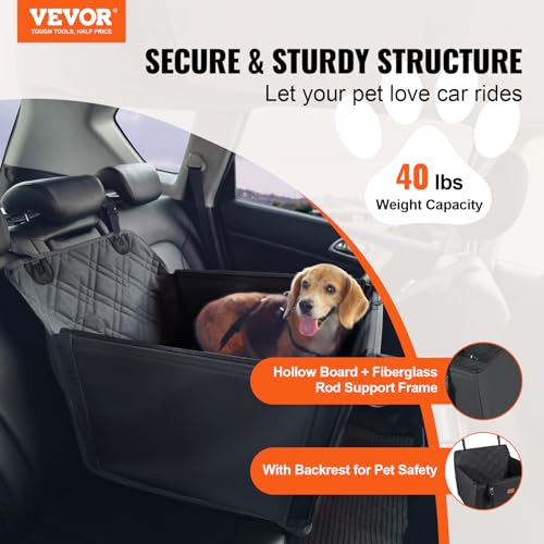 VEVOR Autositz Hunde 605 x 605 x 500 mm, Hundeautositz mit Stützrahmen, Haustierautositz mit ansteckbarer Sicherheitsleine, Baumwollfüllung, Rücksitz für kleine mittele Hunde bis 18 kg, Schwarz