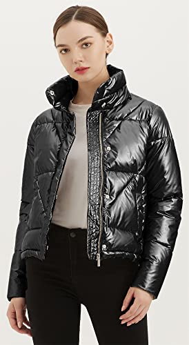Women's Quilted Metallic Shiny Puffer Jacket Winter Warm Full Zipper Stand Collar Padded Short Coat3