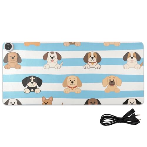Alfombrilla de ratón con calefacción de piel de perro a rayas azules y blancas de 31.5 x 13 pulgadas, calentador de manos para computadora, esencial para escritura