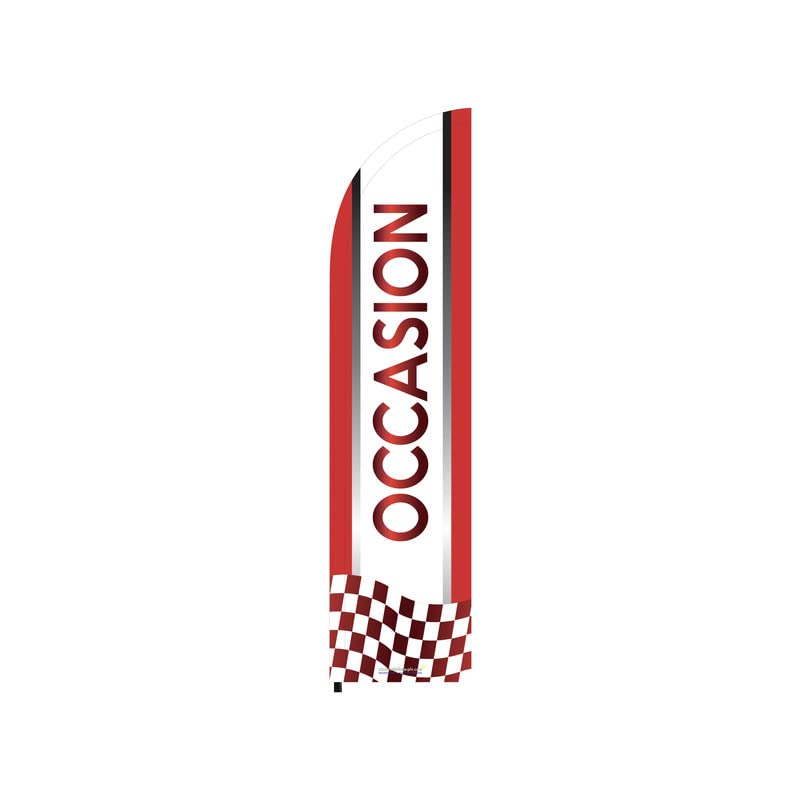 Drapeau "OCCASION" de dimensions 255 x 60 cm avec son Kit socle plastique et mât