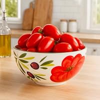 Lashuma Servierschale rund 26 cm, Italienische Keramik Schüssel Tomate - Olive, Große Salatschale handgefertigt – Ansicht 5