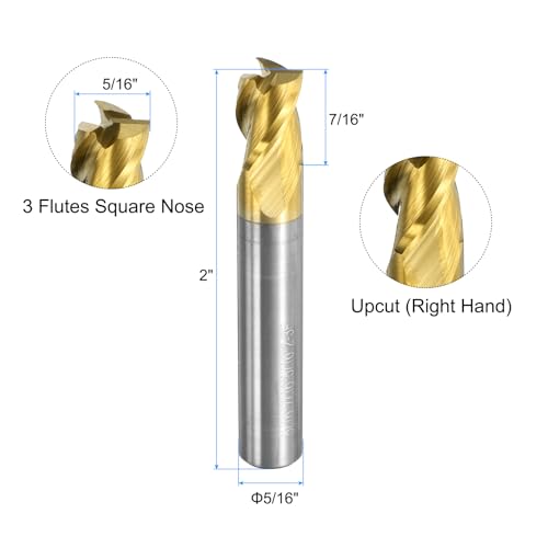 Image of uxcell Carbide Square End Mill, 5 /16 inch Dia ZrN Coated 3 Flutes Milling Bit Cutter, for Aluminum Copper Non-Ferrous Alloy Metal, 5 /16 inch Shank 7 /16 inch Cut Length 2 inch Long