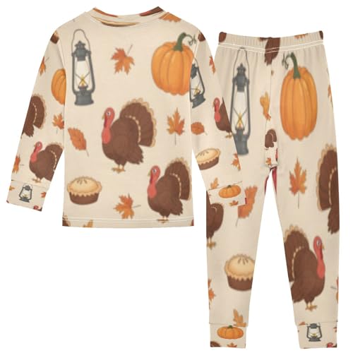 Pajama Sets Long Sleeve Autumn Leaves Pattern with Turkeys Soft Comfy Sleepwear 2 Piece PJS 3-8T3